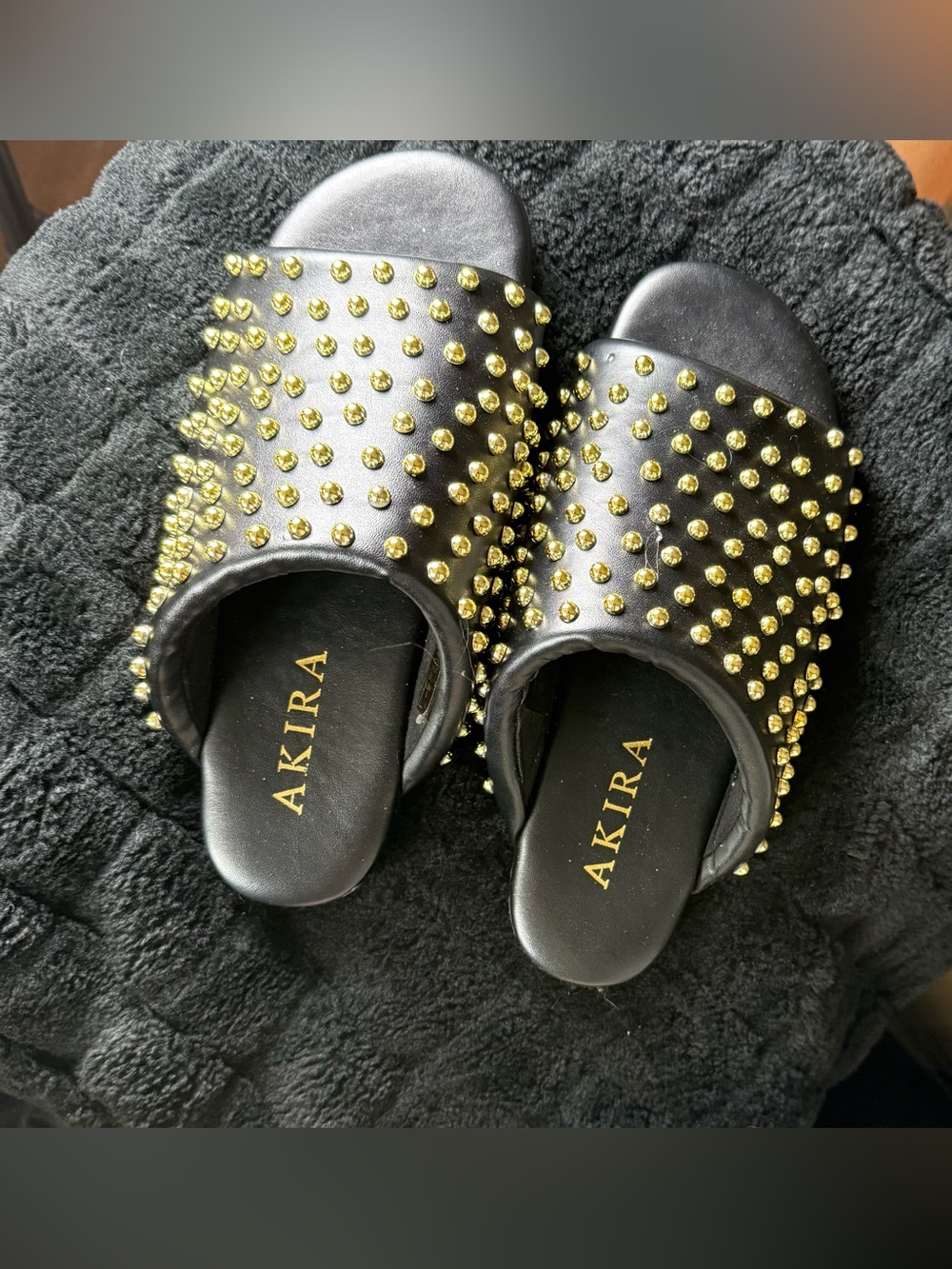 AKIRA Black Slides with Gold Stud Detailing